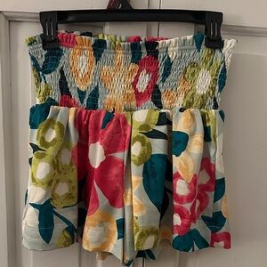 TCEC Floral Smocked Waist Shorts in Teal, Coral, Yellow, Olive